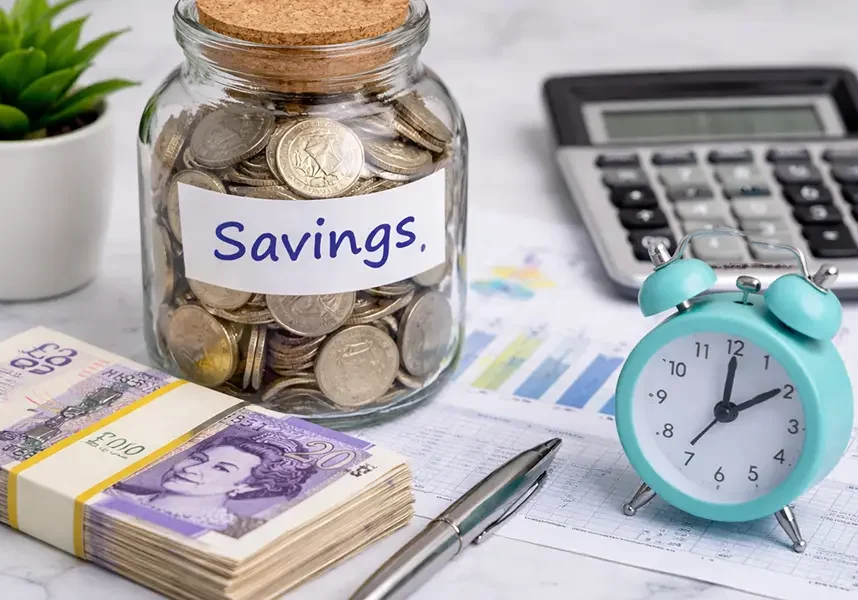 A glass jar labelled "Savings" filled with coins, a stack of British £20 notes, a turquoise alarm clock showing approximately 10:10, a calculator, a pen, financial charts, and a small potted succulent on a white surface.